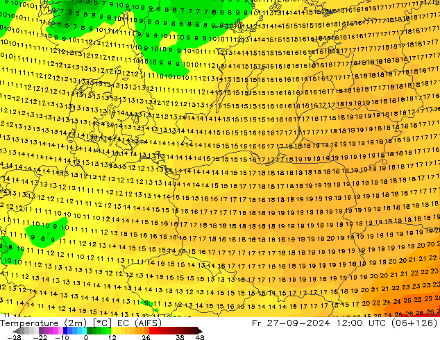 Temperature (2m) EC (AIFS) Fr 27.09.2024 12 UTC