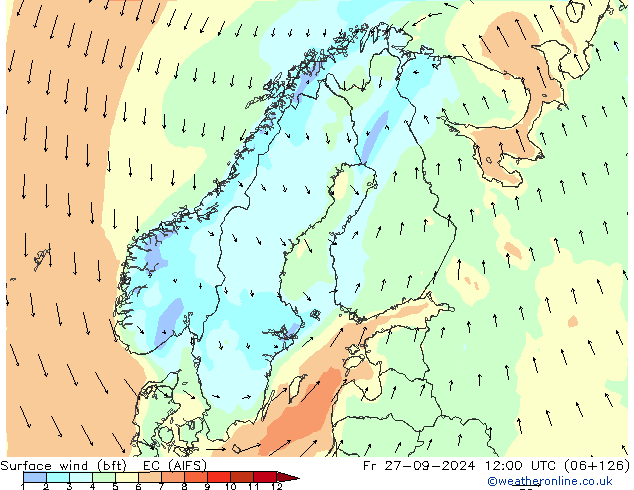 Vento 10 m (bft) EC (AIFS) ven 27.09.2024 12 UTC