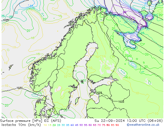 10米等风速线 (kph) EC (AIFS) 星期日 22.09.2024 12 UTC