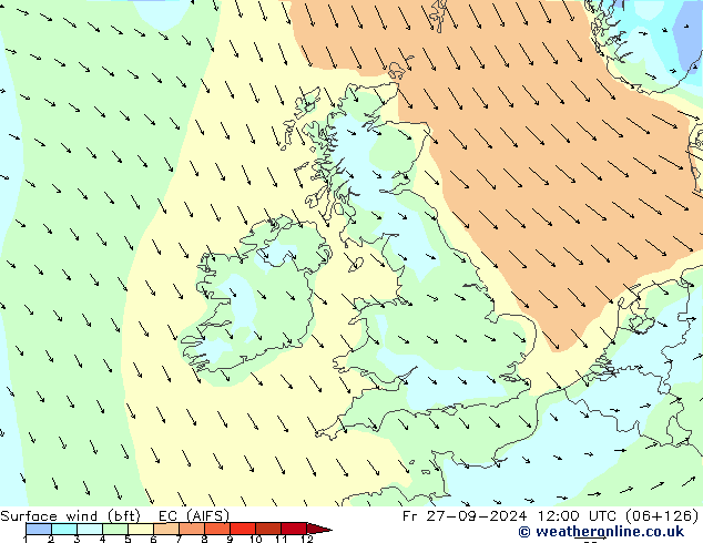 Surface wind (bft) EC (AIFS) Fr 27.09.2024 12 UTC