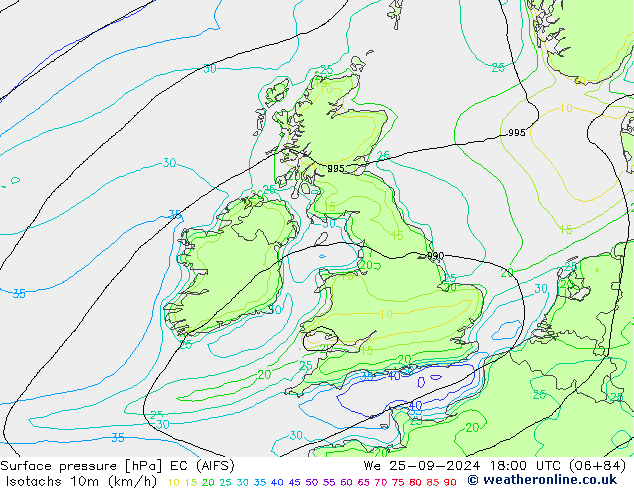 Isotachs (kph) EC (AIFS) mer 25.09.2024 18 UTC