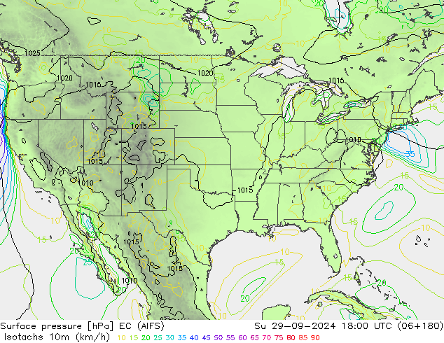 Isotachs (kph) EC (AIFS) Вс 29.09.2024 18 UTC