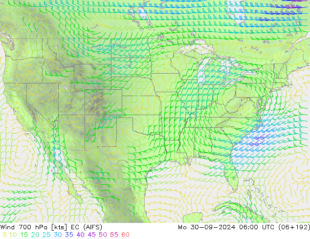 Wind 700 hPa EC (AIFS) Po 30.09.2024 06 UTC