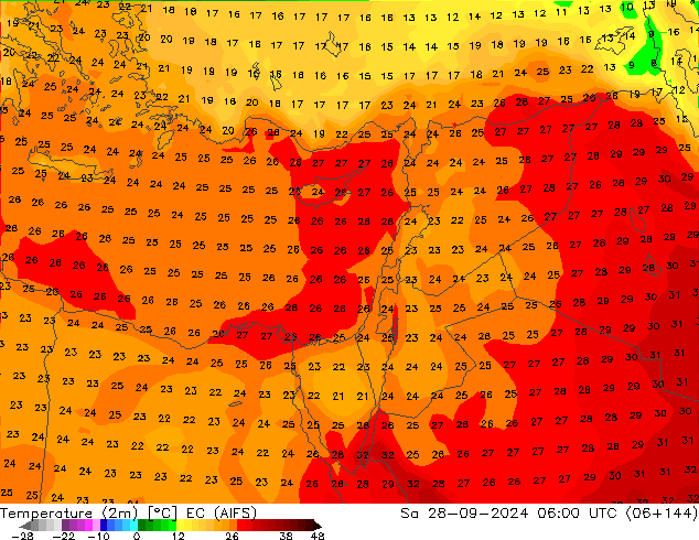 Temperatuurkaart (2m) EC (AIFS) za 28.09.2024 06 UTC