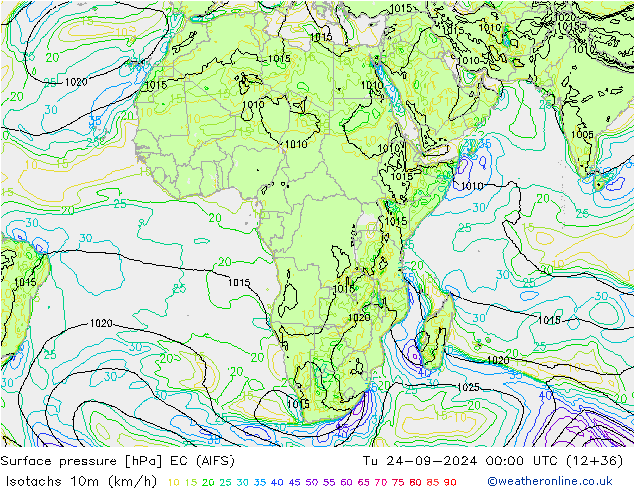 Izotacha (km/godz) EC (AIFS) wto. 24.09.2024 00 UTC