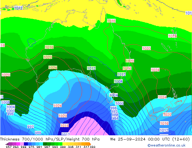 Thck 700-1000 hPa EC (AIFS) We 25.09.2024 00 UTC