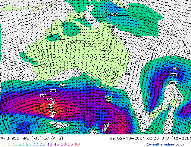 Rüzgar 950 hPa EC (AIFS) Çar 02.10.2024 00 UTC