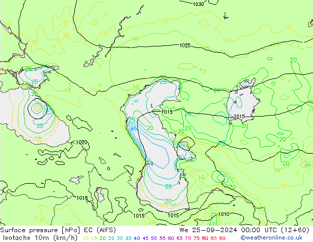 Isotachs (kph) EC (AIFS)  25.09.2024 00 UTC