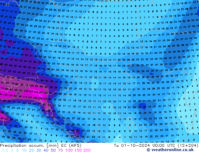 Precipitation accum. EC (AIFS) Út 01.10.2024 00 UTC