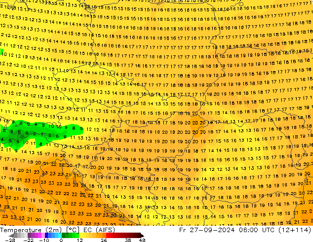 Temperature (2m) EC (AIFS) Pá 27.09.2024 06 UTC