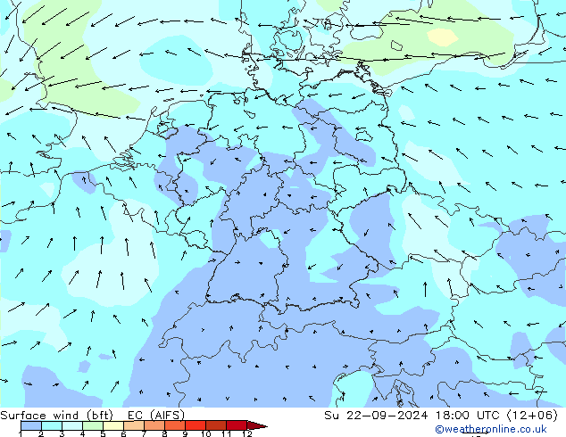 Surface wind (bft) EC (AIFS) Su 22.09.2024 18 UTC