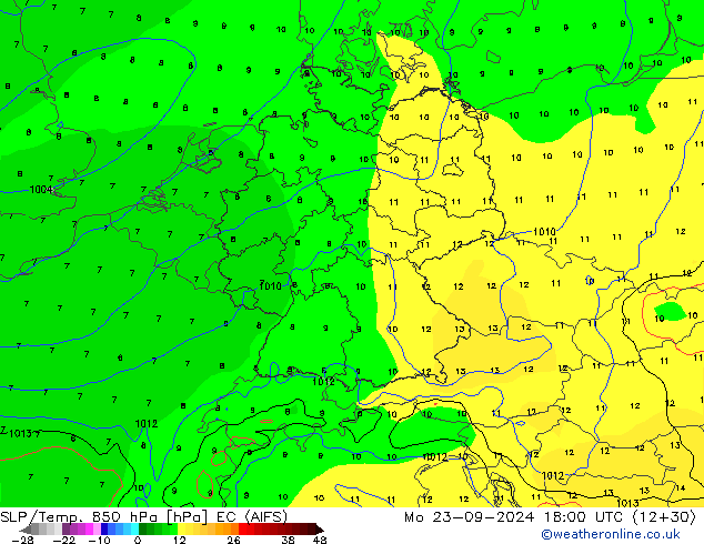 SLP/Temp. 850 hPa EC (AIFS) Seg 23.09.2024 18 UTC