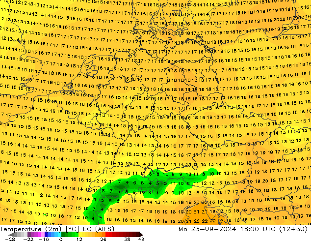 Sıcaklık Haritası (2m) EC (AIFS) Pzt 23.09.2024 18 UTC