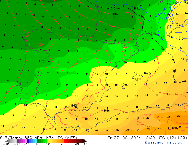 SLP/Temp. 850 hPa EC (AIFS)  27.09.2024 12 UTC