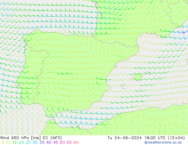 Rüzgar 950 hPa EC (AIFS) Sa 24.09.2024 18 UTC