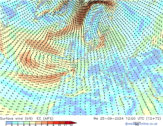 Surface wind (bft) EC (AIFS) We 25.09.2024 12 UTC