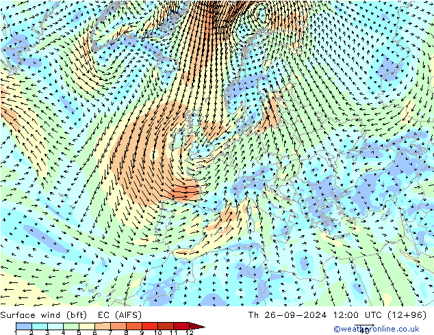 10 m (bft) EC (AIFS)  26.09.2024 12 UTC