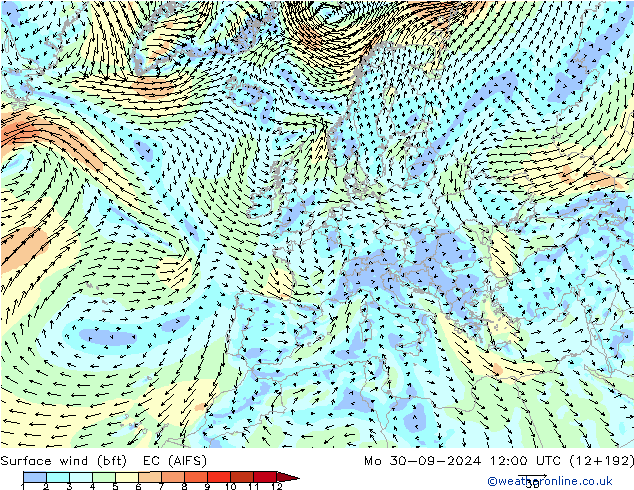 Rüzgar 10 m (bft) EC (AIFS) Pzt 30.09.2024 12 UTC