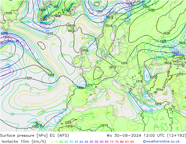 Isotachs (kph) EC (AIFS) lun 30.09.2024 12 UTC