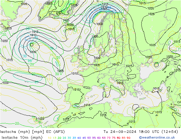 Isotachs (mph) EC (AIFS) вт 24.09.2024 18 UTC