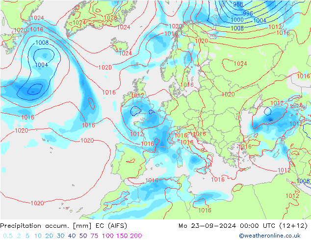 Precipitation accum. EC (AIFS) pon. 23.09.2024 00 UTC