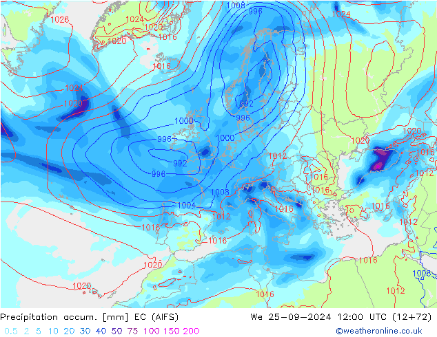 Precipitation accum. EC (AIFS) We 25.09.2024 12 UTC