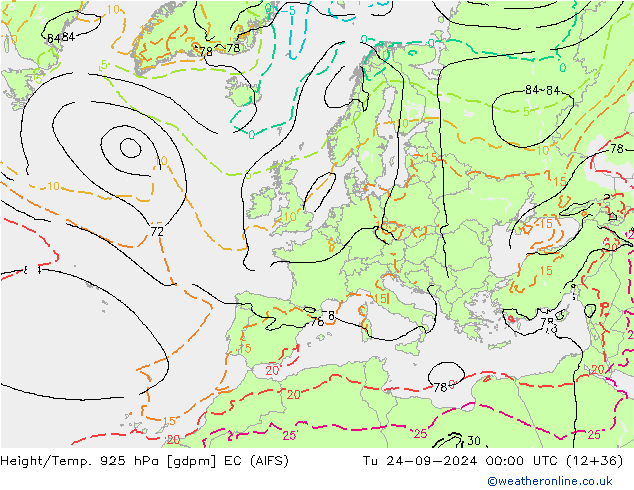 Height/Temp. 925 hPa EC (AIFS) wto. 24.09.2024 00 UTC