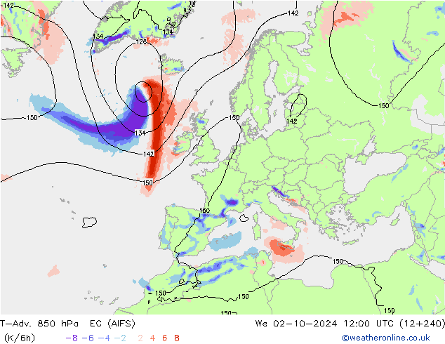 T-Adv. 850 hPa EC (AIFS) 星期三 02.10.2024 12 UTC