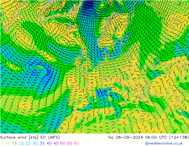 Wind 10 m EC (AIFS) za 28.09.2024 06 UTC