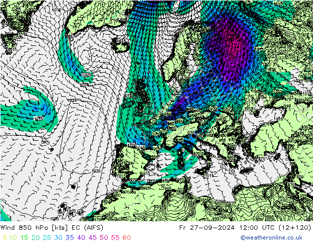 Wind 850 hPa EC (AIFS) Fr 27.09.2024 12 UTC