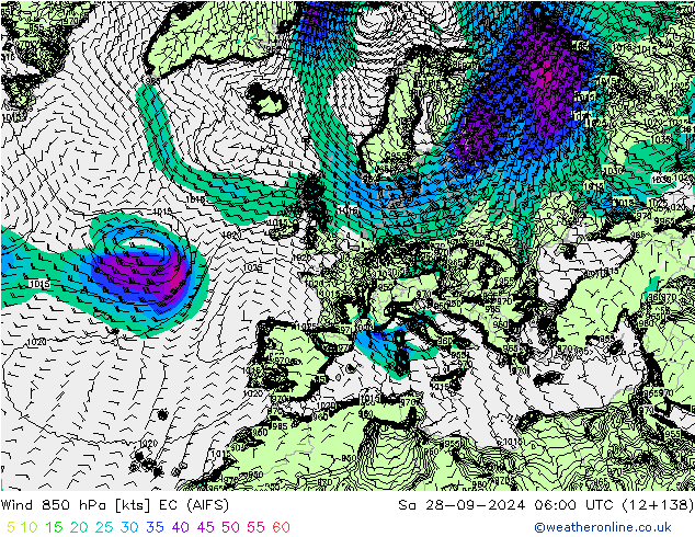 Wind 850 hPa EC (AIFS) Sa 28.09.2024 06 UTC