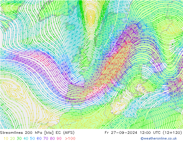 Linea di flusso 200 hPa EC (AIFS) ven 27.09.2024 12 UTC