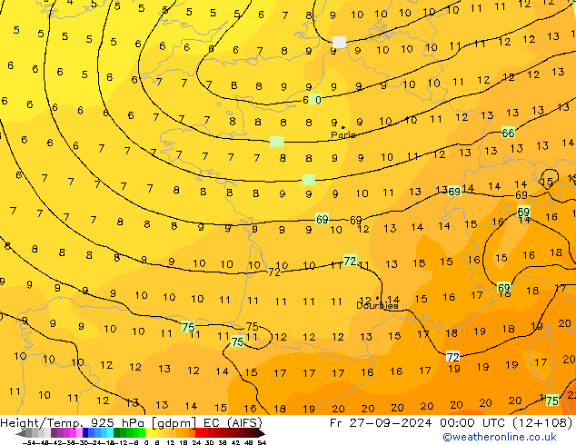 Height/Temp. 925 hPa EC (AIFS) Sex 27.09.2024 00 UTC