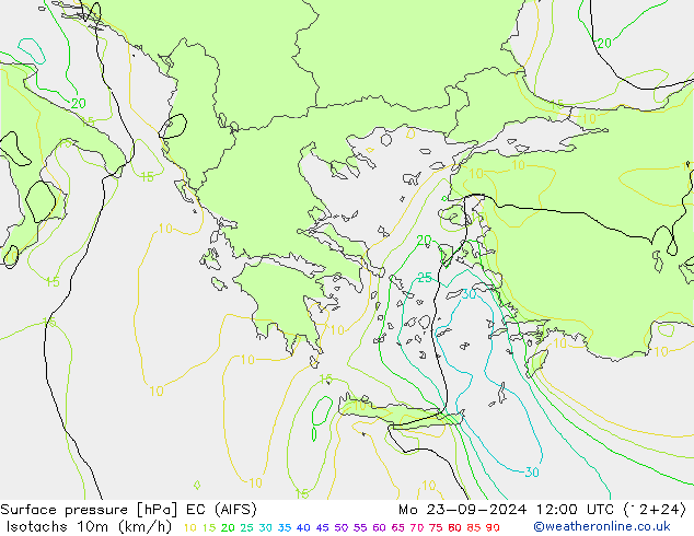 Isotachs (kph) EC (AIFS)  23.09.2024 12 UTC