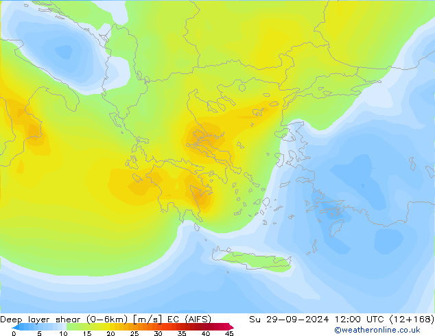 Deep layer shear (0-6km) EC (AIFS) dim 29.09.2024 12 UTC