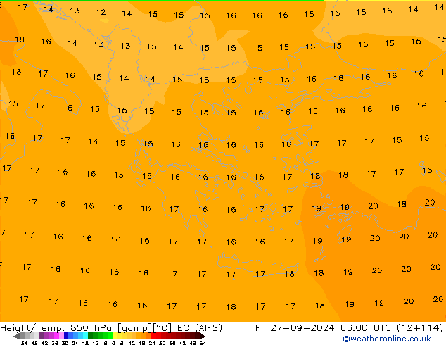 Géop./Temp. 850 hPa EC (AIFS) ven 27.09.2024 06 UTC