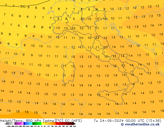 Height/Temp. 850 hPa EC (AIFS) Út 24.09.2024 00 UTC