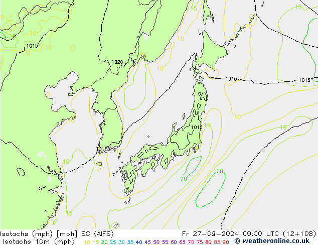 Isotachs (mph) EC (AIFS) ven 27.09.2024 00 UTC