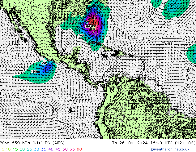 Wind 850 hPa EC (AIFS) Th 26.09.2024 18 UTC