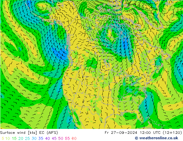 Viento 10 m EC (AIFS) vie 27.09.2024 12 UTC