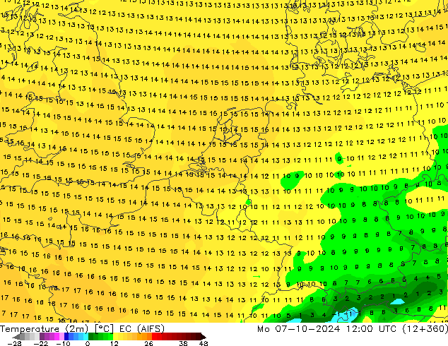 Temperature (2m) EC (AIFS) Mo 07.10.2024 12 UTC