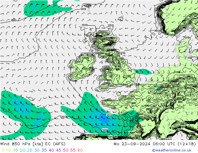 Vento 850 hPa EC (AIFS) lun 23.09.2024 06 UTC