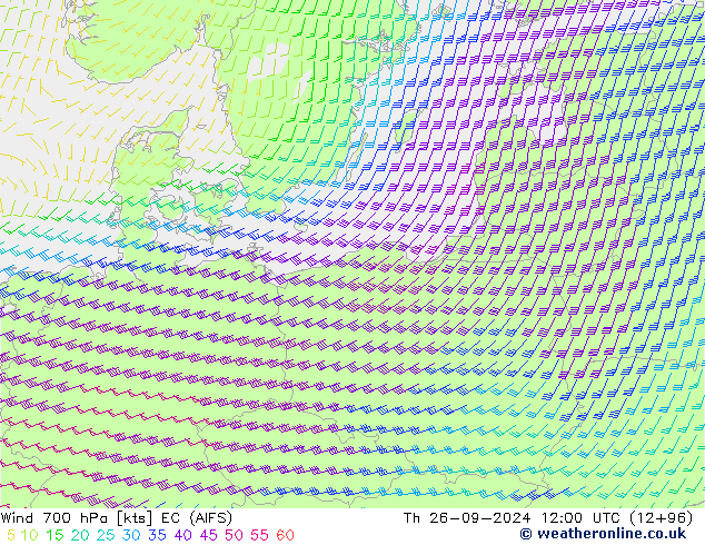 Vento 700 hPa EC (AIFS) gio 26.09.2024 12 UTC