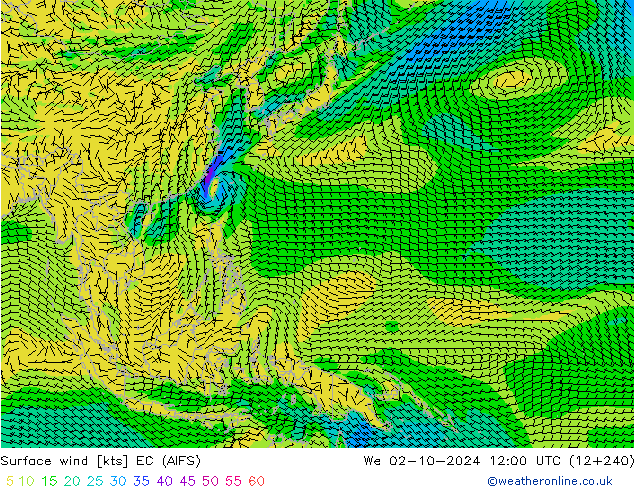 Vent 10 m EC (AIFS) mer 02.10.2024 12 UTC