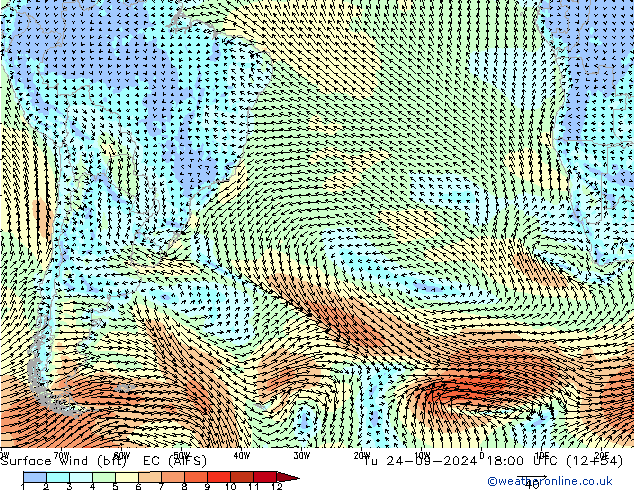 Surface wind (bft) EC (AIFS) Tu 24.09.2024 18 UTC