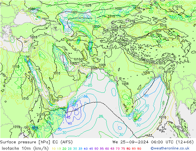 Izotacha (km/godz) EC (AIFS) śro. 25.09.2024 06 UTC