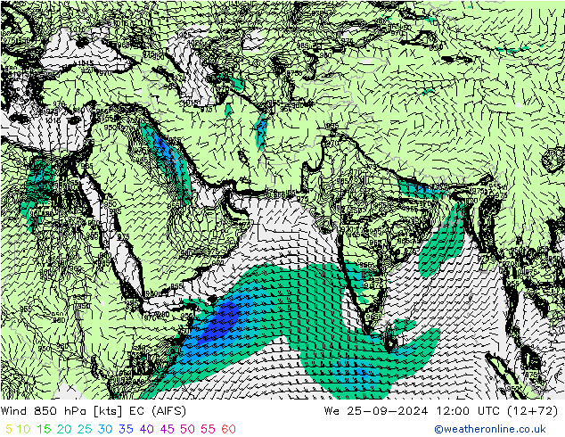 Wind 850 hPa EC (AIFS) We 25.09.2024 12 UTC