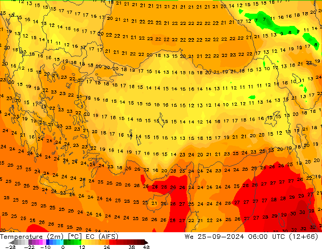 Temperature (2m) EC (AIFS) We 25.09.2024 06 UTC