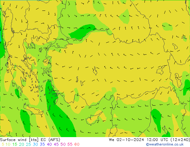 Vent 10 m EC (AIFS) mer 02.10.2024 12 UTC