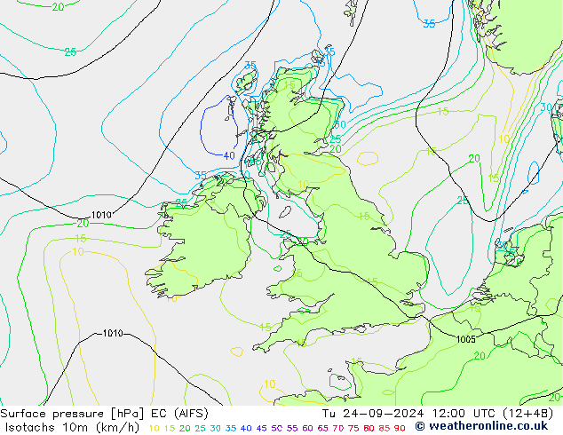 Isotachs (kph) EC (AIFS)  24.09.2024 12 UTC